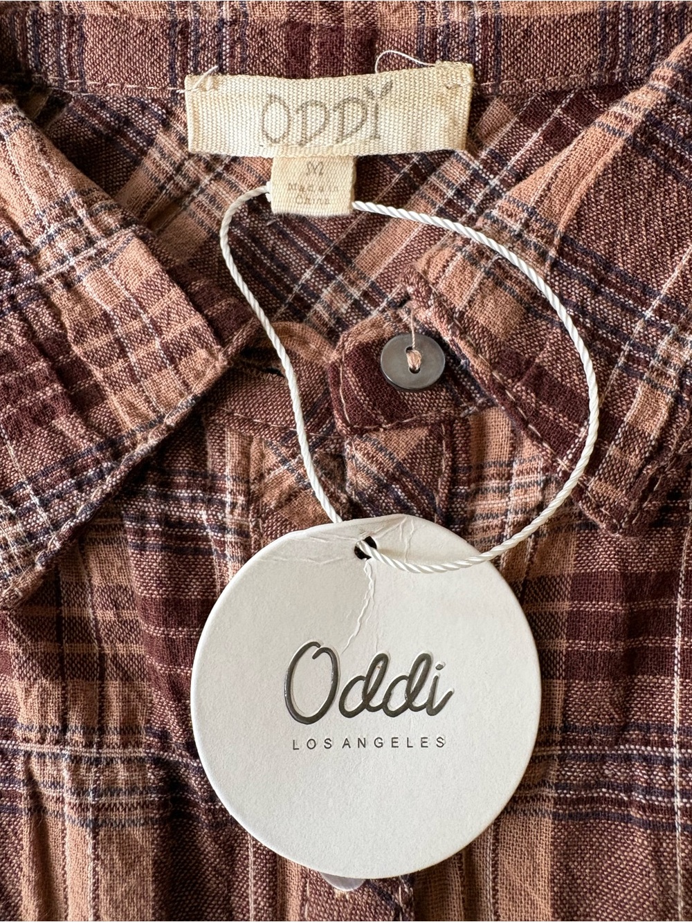 ODDY Sleeveless Plaid Button-Front Top with Embroidered Back - Brown/Pink - Picture 4 of 5